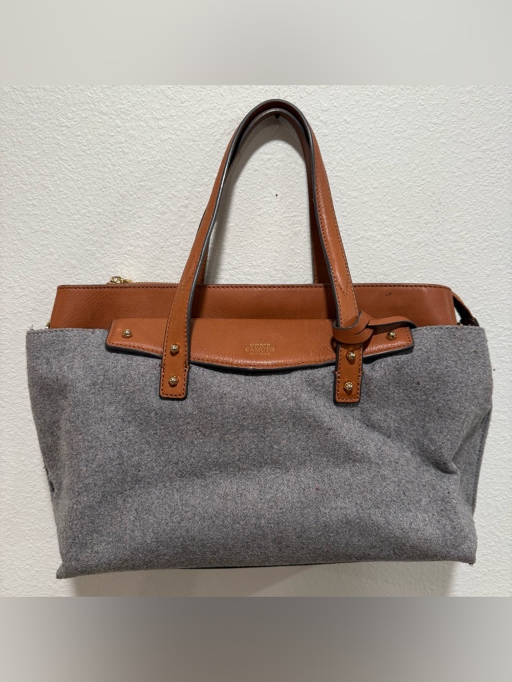 Vince Camuto Gray Felt Tote with Brown Leather Trim